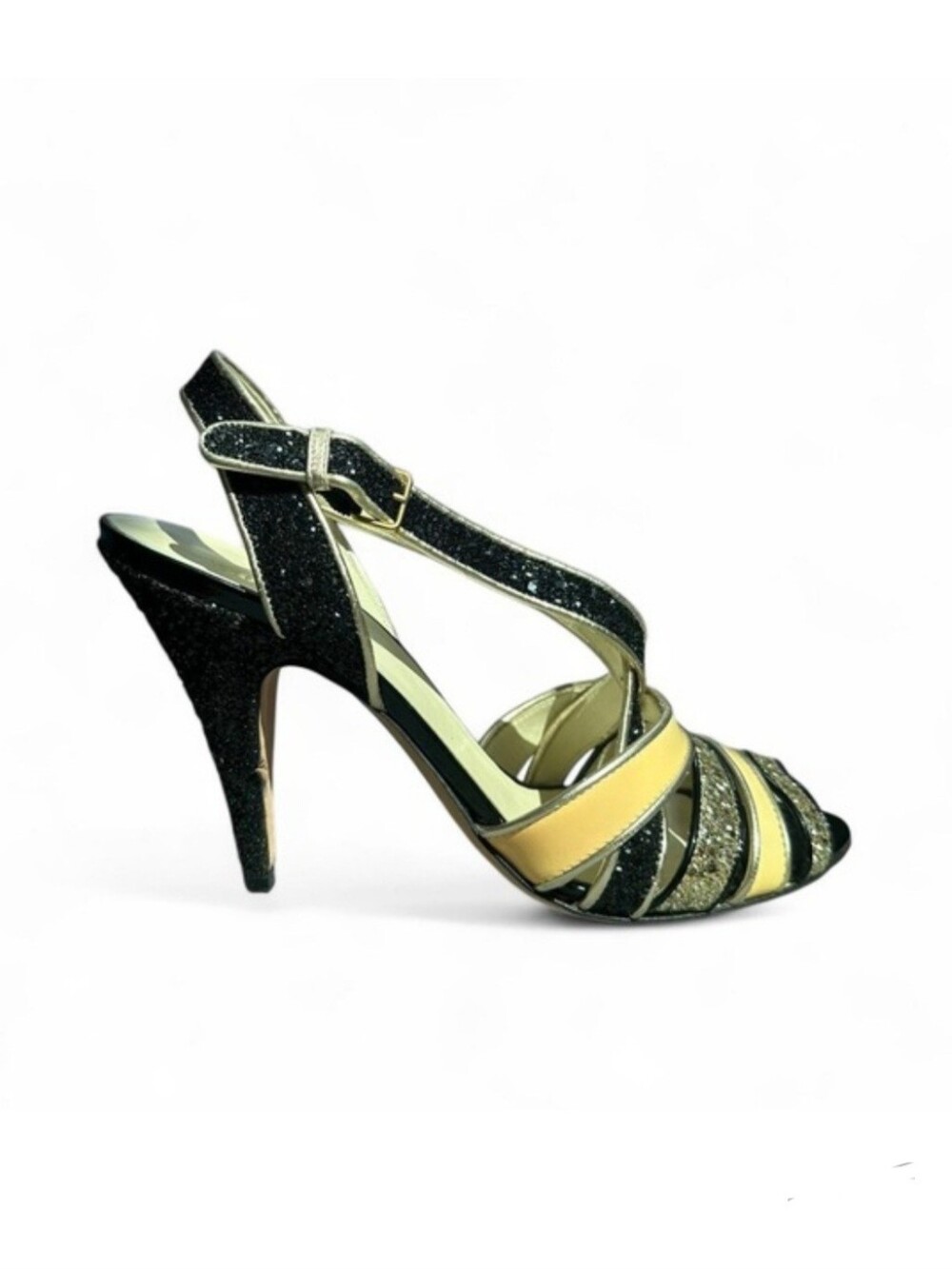 miu miu Black Glitter Leather Slingba Heels